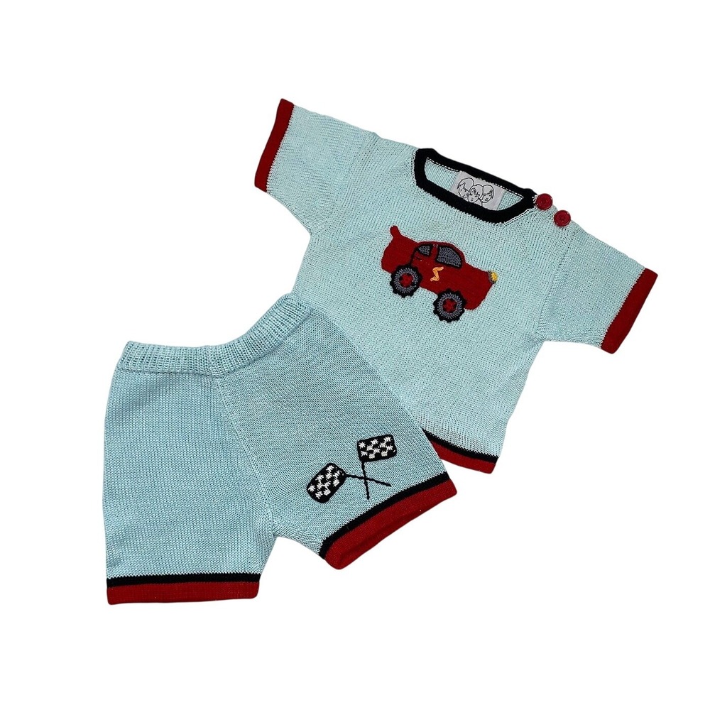 Zackali 4 Kids Car Baby Boy Blue Knit Shirt and Shorts Set made‎ in Armenia